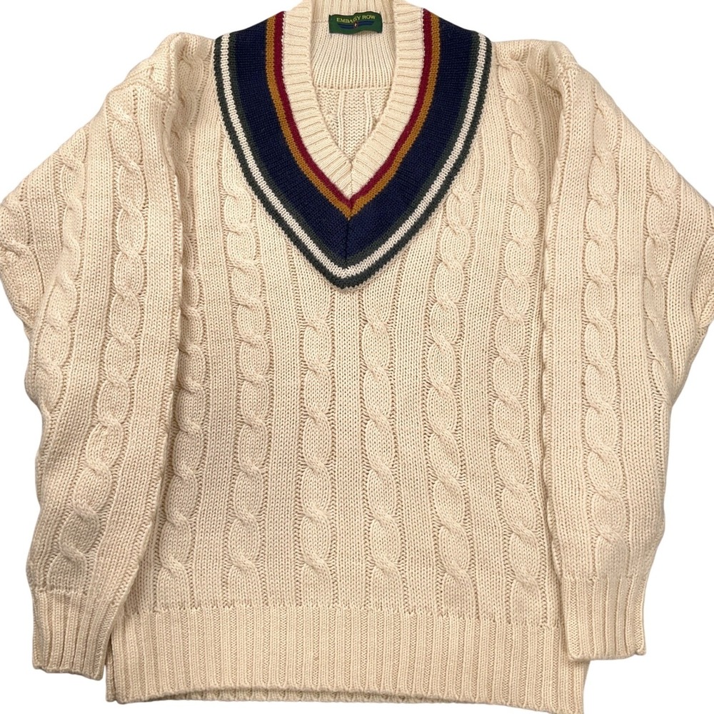 Embassy Row Sweater Mens Med Cream V Neck Cable Knit Preppy Ivy League Wool‎ VTG
